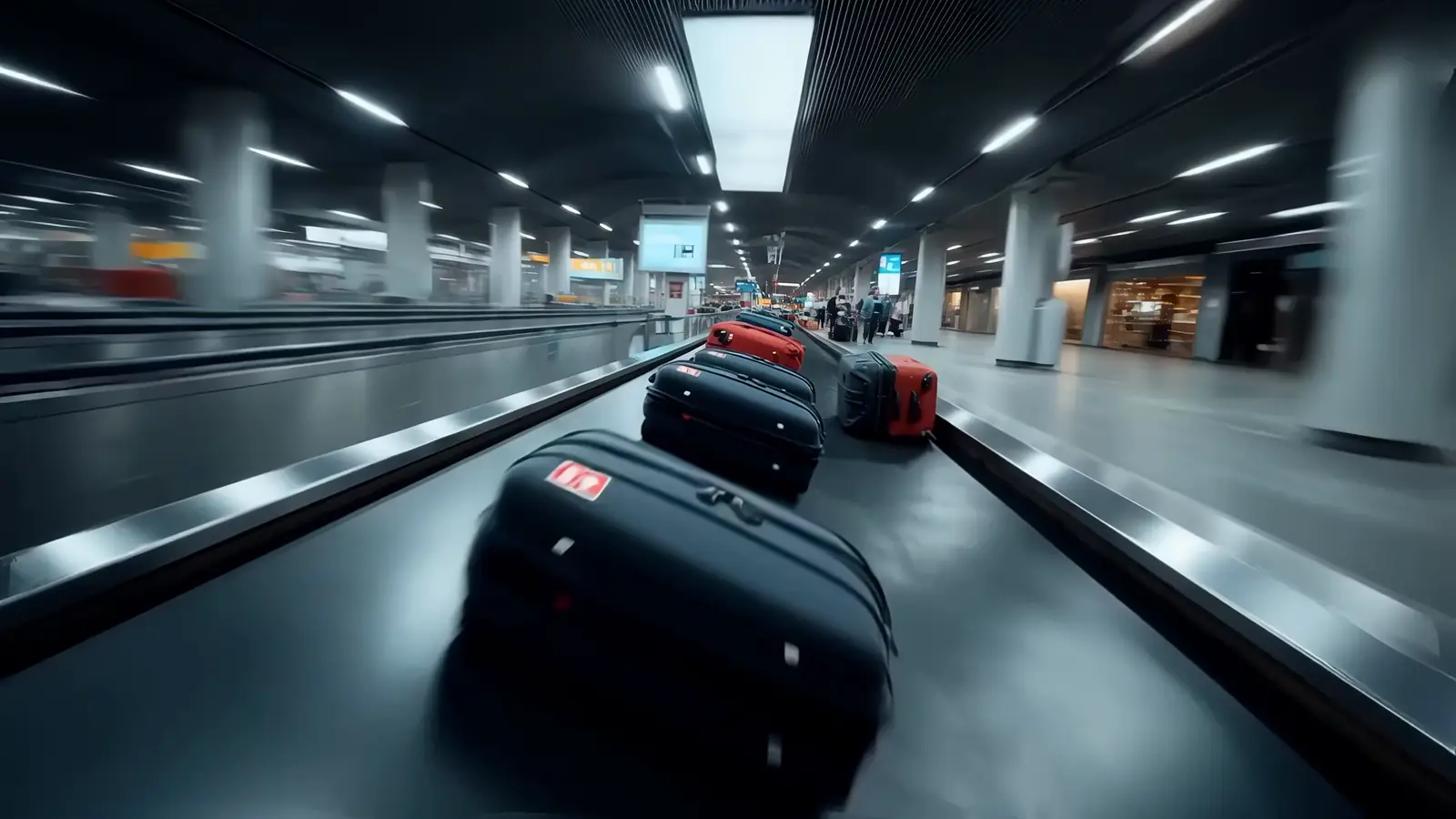 Suitcases travelling on an airport baggage belt