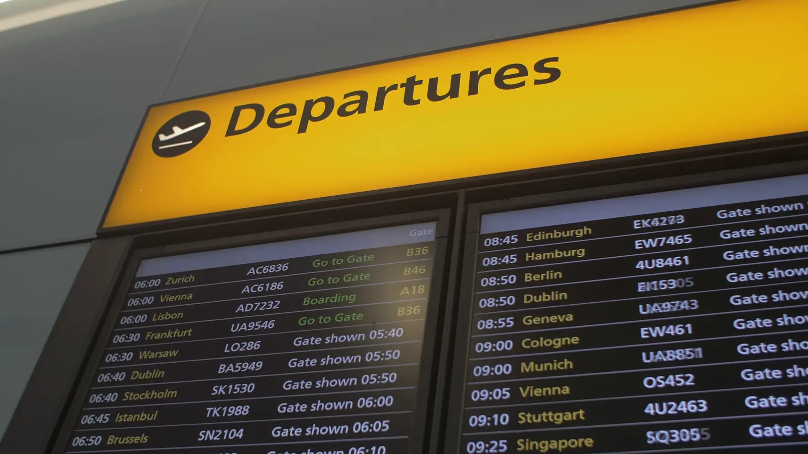 An airport departures board